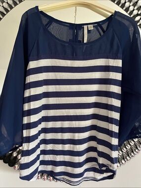 Laura Conrad Navy & White Striped Sheer Sleeve Top